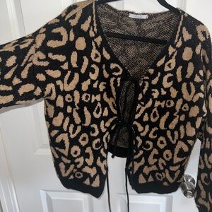 Leopard Print Black and Tan Front Tie Women Sweater